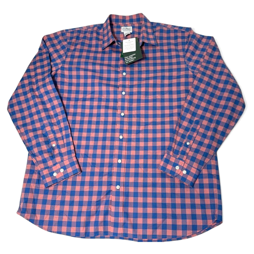 L.L. Bean Shirt Mens Large Tall Blue Pink Plaid Button Down Wrinkle Free Cotton